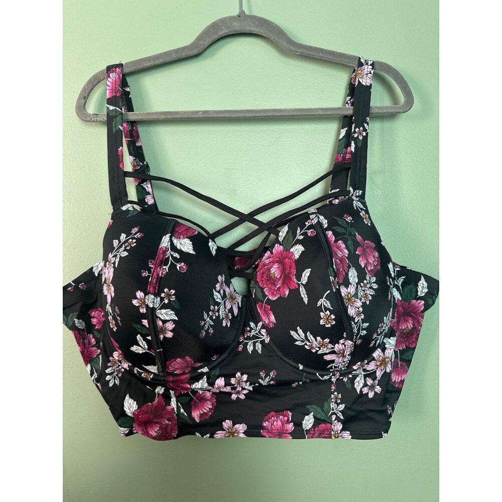 Torrid 5R Black Floral Swim Top Cottagecore Romantic Plus Size Swimwear coastal